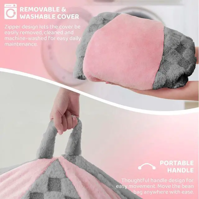 Alt view image 6 of 7 - 4FT Bean Bag Chair Teardrop Beanbag Chair with Memory Foam Filled Soft Plush Leaf alongside Checkboard Bean Bag Sofa with Removable Cover for Living Room,Bedroom-Plush Light Grey&Pink