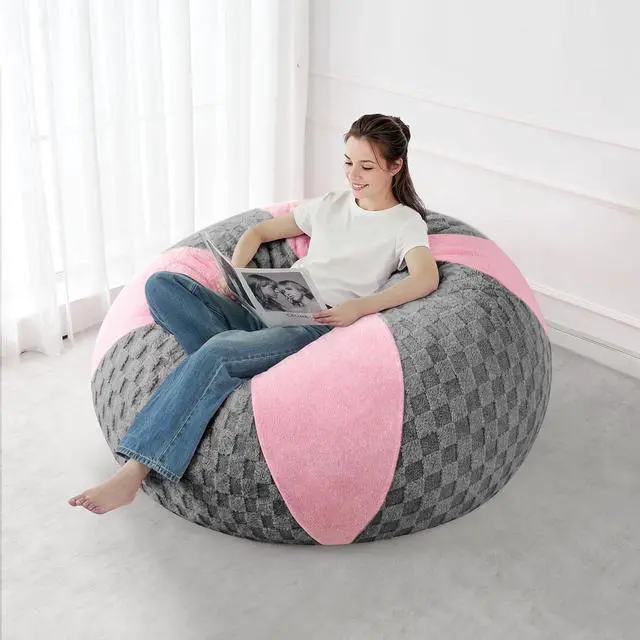Alt view image 5 of 7 - 4FT Bean Bag Chair Teardrop Beanbag Chair with Memory Foam Filled Soft Plush Leaf alongside Checkboard Bean Bag Sofa with Removable Cover for Living Room,Bedroom-Plush Light Grey&Pink