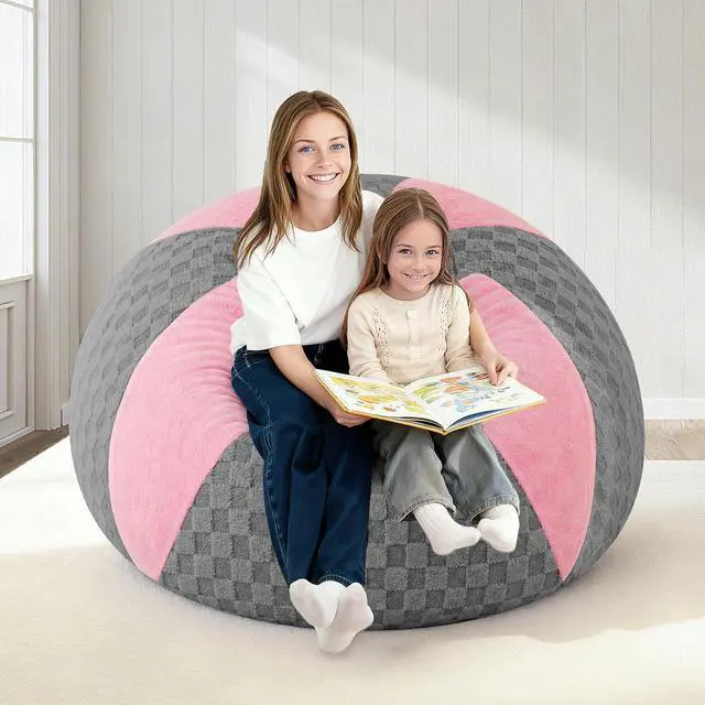 Alt view image 7 of 7 - 4FT Bean Bag Chair Teardrop Beanbag Chair with Memory Foam Filled Soft Plush Leaf alongside Checkboard Bean Bag Sofa with Removable Cover for Living Room,Bedroom-Plush Light Grey&Pink