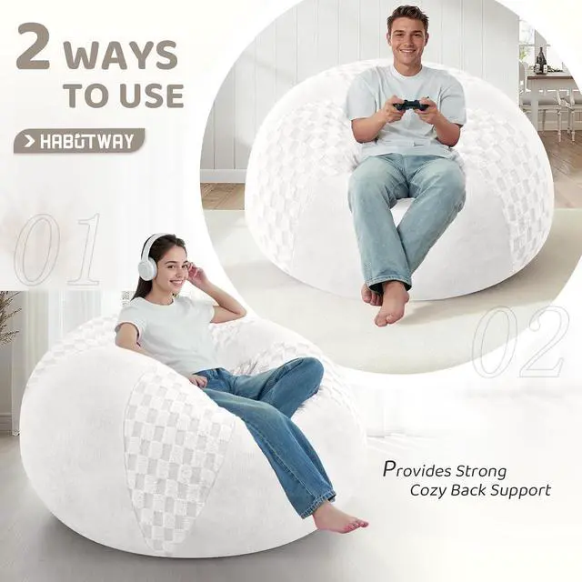 Alt view image 4 of 7 - 4FT Bean Bag Chair Teardrop Beanbag Chair with Memory Foam Filled Soft Checkboard Leaf alongside Plush Bean Bag Sofa with Removable Cover for Living Room,Bedroom-Checkboard White