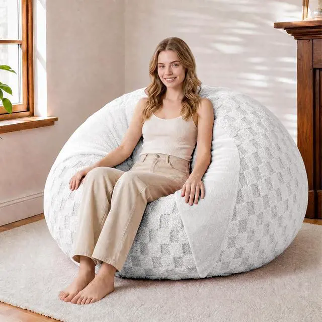 Main image of 4FT Bean Bag Chair Teardrop Beanbag Chair with Memory Foam Filled Soft Plush Leaf alongside Checkboard Bean Bag Sofa with Removable Cover for Living Room,Bedroom-Plush White