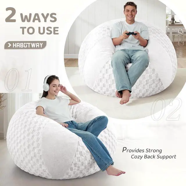 Alt view image 4 of 7 - 4FT Bean Bag Chair Teardrop Beanbag Chair with Memory Foam Filled Soft Plush Leaf alongside Checkboard Bean Bag Sofa with Removable Cover for Living Room,Bedroom-Plush White