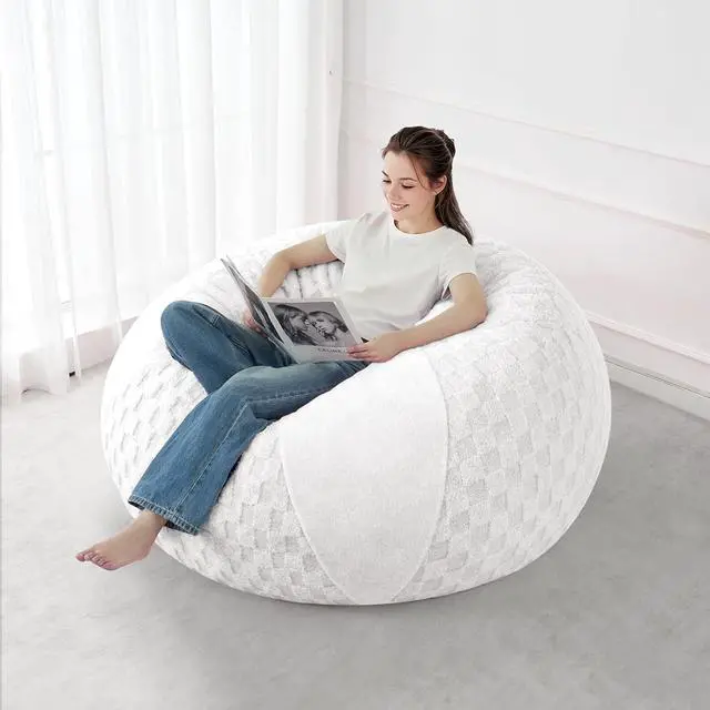 Alt view image 5 of 7 - 4FT Bean Bag Chair Teardrop Beanbag Chair with Memory Foam Filled Soft Plush Leaf alongside Checkboard Bean Bag Sofa with Removable Cover for Living Room,Bedroom-Plush White