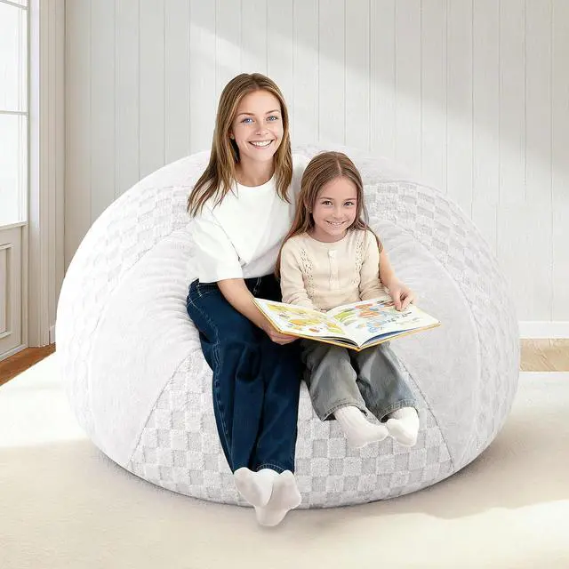 Alt view image 7 of 7 - 4FT Bean Bag Chair Teardrop Beanbag Chair with Memory Foam Filled Soft Plush Leaf alongside Checkboard Bean Bag Sofa with Removable Cover for Living Room,Bedroom-Plush White