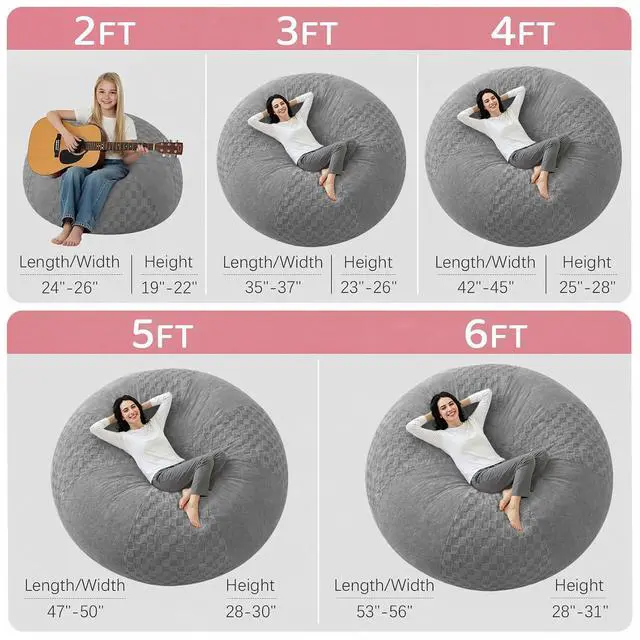 Alt view image 2 of 7 - 6FT Bean Bag Chair Teardrop Beanbag Chair with Memory Foam Filled Soft Plush Leaf alongside Checkboard Bean Bag Sofa with Removable Cover for Living Room,Bedroom-Plush Light Grey