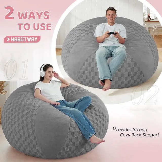 Alt view image 4 of 7 - 6FT Bean Bag Chair Teardrop Beanbag Chair with Memory Foam Filled Soft Plush Leaf alongside Checkboard Bean Bag Sofa with Removable Cover for Living Room,Bedroom-Plush Light Grey