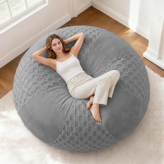 Main image of 6FT Bean Bag Chair Teardrop Beanbag Chair with Memory Foam Filled Soft Plush Leaf alongside Checkboard Bean Bag Sofa with Removable Cover for Living Room,Bedroom-Plush Light Grey