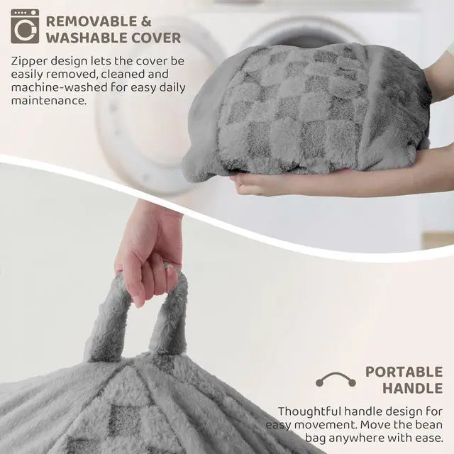 Alt view image 6 of 7 - 6FT Bean Bag Chair Teardrop Beanbag Chair with Memory Foam Filled Soft Plush Leaf alongside Checkboard Bean Bag Sofa with Removable Cover for Living Room,Bedroom-Plush Light Grey