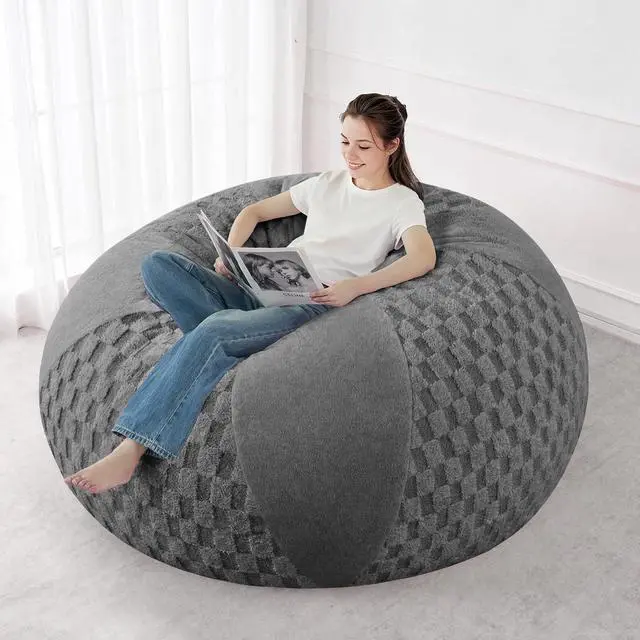 Alt view image 5 of 7 - 6FT Bean Bag Chair Teardrop Beanbag Chair with Memory Foam Filled Soft Plush Leaf alongside Checkboard Bean Bag Sofa with Removable Cover for Living Room,Bedroom-Plush Light Grey