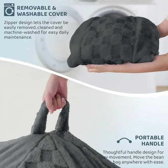 Alt view image 6 of 7 - 4FT Bean Bag Chair Teardrop Beanbag Chair with Memory Foam Filled Soft Plush Leaf alongside Checkboard Bean Bag Sofa with Removable Cover for Living Room,Bedroom-Plush Dark Grey