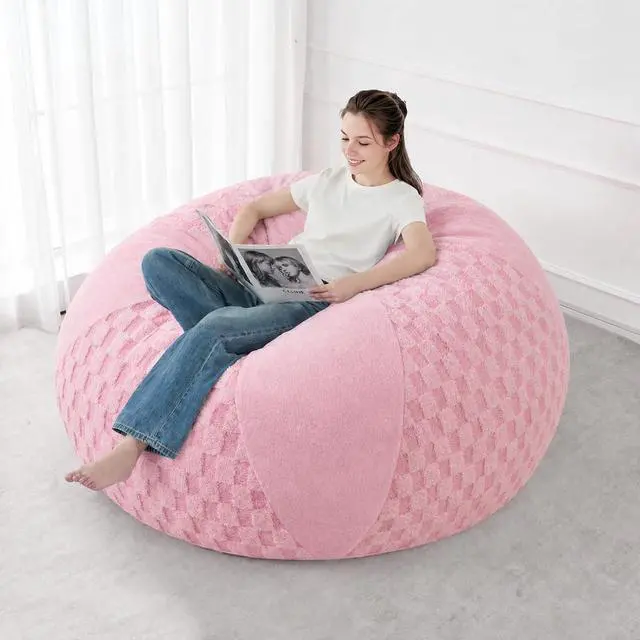 Alt view image 5 of 7 - 5FT Bean Bag Chair Teardrop Beanbag Chair with Memory Foam Filled Soft Plush Leaf alongside Checkboard Bean Bag Sofa with Removable Cover for Living Room,Bedroom-Plush Pink