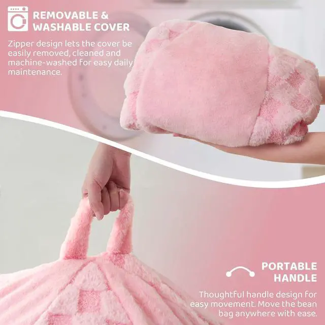 Alt view image 6 of 7 - 5FT Bean Bag Chair Teardrop Beanbag Chair with Memory Foam Filled Soft Plush Leaf alongside Checkboard Bean Bag Sofa with Removable Cover for Living Room,Bedroom-Plush Pink