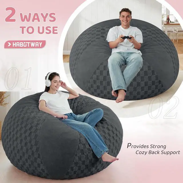 Alt view image 4 of 7 - 6FT Bean Bag Chair Teardrop Beanbag Chair with Memory Foam Filled Soft Plush Leaf alongside Checkboard Bean Bag Sofa with Removable Cover for Living Room,Bedroom-Plush Dark Grey