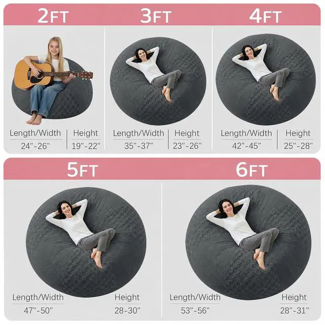 Alt view image 2 of 7 - 6FT Bean Bag Chair Teardrop Beanbag Chair with Memory Foam Filled Soft Plush Leaf alongside Checkboard Bean Bag Sofa with Removable Cover for Living Room,Bedroom-Plush Dark Grey
