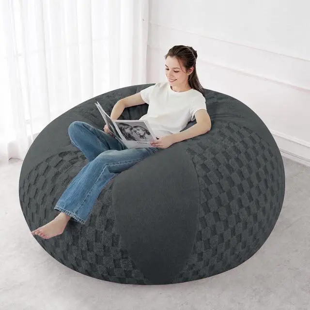 Alt view image 5 of 7 - 6FT Bean Bag Chair Teardrop Beanbag Chair with Memory Foam Filled Soft Plush Leaf alongside Checkboard Bean Bag Sofa with Removable Cover for Living Room,Bedroom-Plush Dark Grey