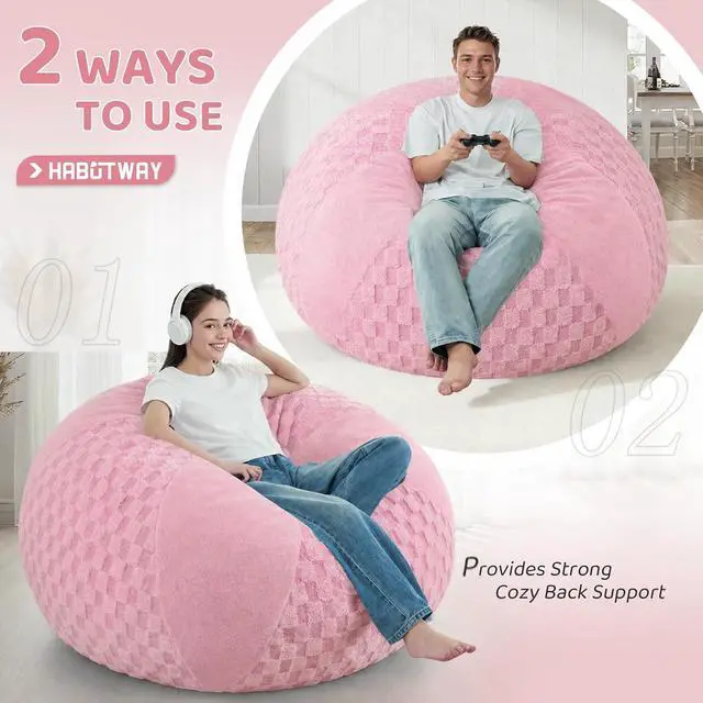 Alt view image 4 of 7 - 5FT Bean Bag Chair Teardrop Beanbag Chair with Memory Foam Filled Soft Plush Leaf alongside Checkboard Bean Bag Sofa with Removable Cover for Living Room,Bedroom-Plush Pink
