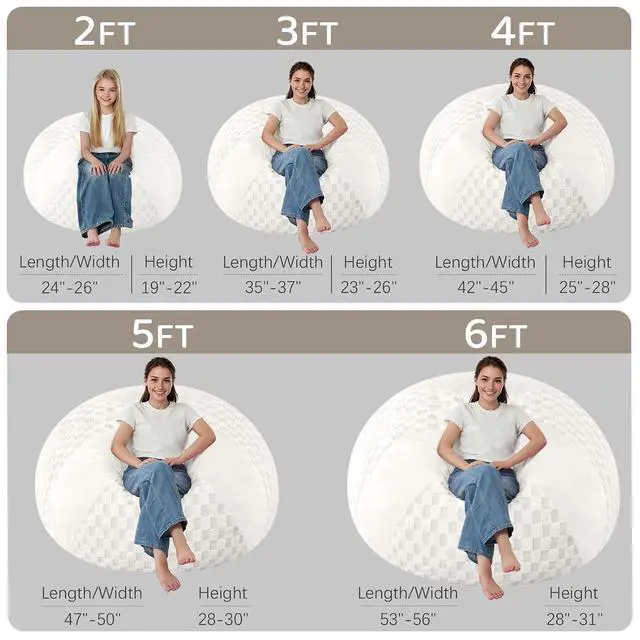 Alt view image 2 of 7 - 4FT Bean Bag Chair Teardrop Beanbag Chair with Memory Foam Filled Soft Plush Leaf alongside Checkboard Bean Bag Sofa with Removable Cover for Living Room,Bedroom-Plush White