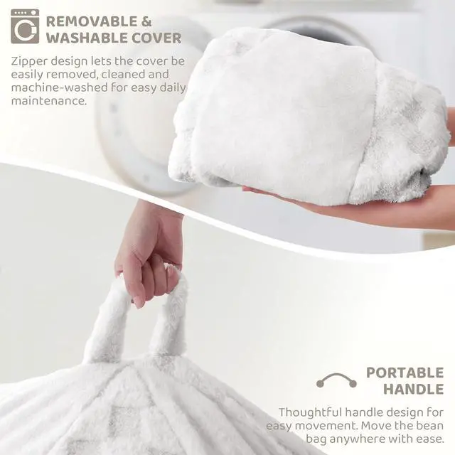 Alt view image 6 of 7 - 4FT Bean Bag Chair Teardrop Beanbag Chair with Memory Foam Filled Soft Plush Leaf alongside Checkboard Bean Bag Sofa with Removable Cover for Living Room,Bedroom-Plush White