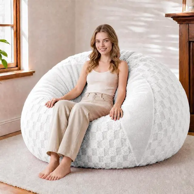 Main image of 5FT Bean Bag Chair Teardrop Beanbag Chair with Memory Foam Filled Soft Plush Leaf alongside Checkboard Bean Bag Sofa with Removable Cover for Living Room,Bedroom-Plush White