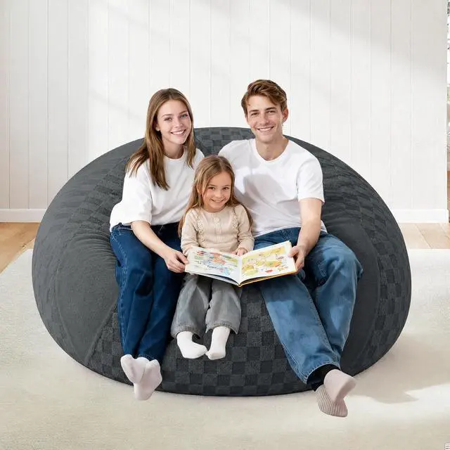 Alt view image 7 of 7 - 6FT Bean Bag Chair Teardrop Beanbag Chair with Memory Foam Filled Soft Plush Leaf alongside Checkboard Bean Bag Sofa with Removable Cover for Living Room,Bedroom-Plush Dark Grey