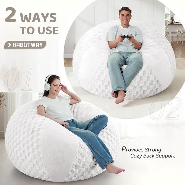 Alt view image 4 of 7 - 5FT Bean Bag Chair Teardrop Beanbag Chair with Memory Foam Filled Soft Plush Leaf alongside Checkboard Bean Bag Sofa with Removable Cover for Living Room,Bedroom-Plush White