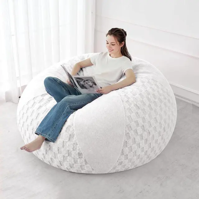 Alt view image 5 of 7 - 5FT Bean Bag Chair Teardrop Beanbag Chair with Memory Foam Filled Soft Plush Leaf alongside Checkboard Bean Bag Sofa with Removable Cover for Living Room,Bedroom-Plush White