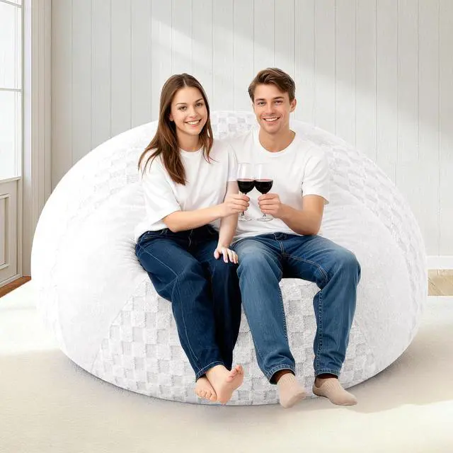 Alt view image 7 of 7 - 5FT Bean Bag Chair Teardrop Beanbag Chair with Memory Foam Filled Soft Plush Leaf alongside Checkboard Bean Bag Sofa with Removable Cover for Living Room,Bedroom-Plush White