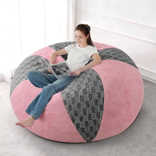Main image of 6FT Bean Bag Chair Teardrop Beanbag Chair with Memory Foam Filled Soft Checkboard Leaf alongside Plush Bean Bag Sofa with Removable Cover for Living Room,Bedroom-Checkboard Light Grey&Pink