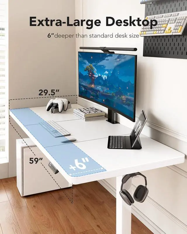 Alt view image 3 of 7 - 60 x 30 inch Large Standing Desk, Powerful Brushless Motor Large Height Adjustable Table, 4 Memory Preset Stand Up Work Station Sit Stand Desk, Home Office with Thick T-Shaped Frame,White