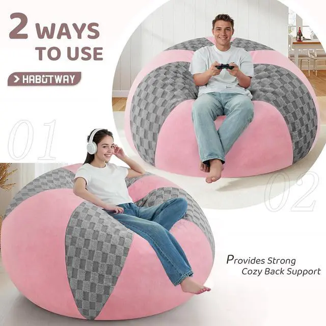 Alt view image 7 of 7 - 6FT Bean Bag Chair Teardrop Beanbag Chair with Memory Foam Filled Soft Checkboard Leaf alongside Plush Bean Bag Sofa with Removable Cover for Living Room,Bedroom-Checkboard Light Grey&Pink