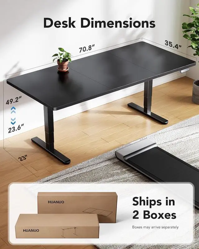 Alt view image 3 of 7 - 70x35 Inch 3-Stage Legs Electric Standing Desk, Large Height Adjustable Office Desk with Brushless Motor, Stand Up Desk with 4 Memory Presets & 2 Hooks, Computer Desk for Home Office, Black