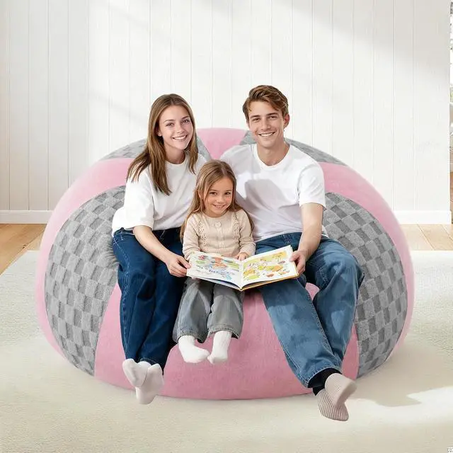 Alt view image 4 of 7 - 6FT Bean Bag Chair Teardrop Beanbag Chair with Memory Foam Filled Soft Checkboard Leaf alongside Plush Bean Bag Sofa with Removable Cover for Living Room,Bedroom-Checkboard Light Grey&Pink
