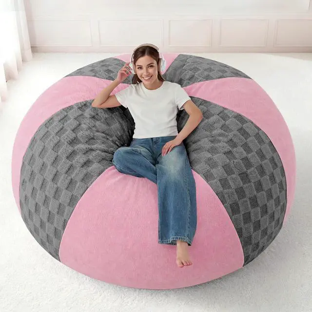 Alt view image 3 of 7 - 6FT Bean Bag Chair Teardrop Beanbag Chair with Memory Foam Filled Soft Checkboard Leaf alongside Plush Bean Bag Sofa with Removable Cover for Living Room,Bedroom-Checkboard Light Grey&Pink