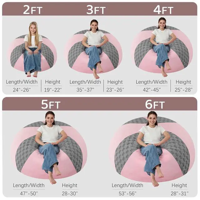 Alt view image 2 of 7 - 5FT Bean Bag Chair Teardrop Beanbag Chair with Memory Foam Filled Soft Checkboard Leaf alongside Plush Bean Bag Sofa with Removable Cover for Living Room,Bedroom-Checkboard Light Grey&Pink