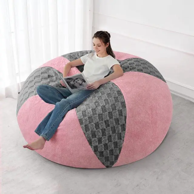 Main image of 5FT Bean Bag Chair Teardrop Beanbag Chair with Memory Foam Filled Soft Checkboard Leaf alongside Plush Bean Bag Sofa with Removable Cover for Living Room,Bedroom-Checkboard Light Grey&Pink