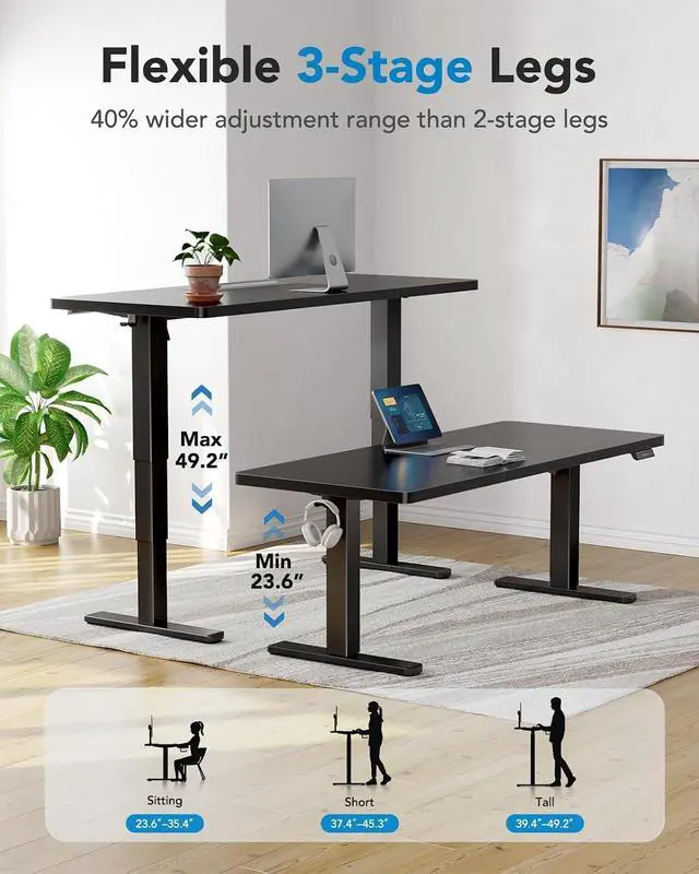 Alt view image 6 of 7 - 70x35 Inch 3-Stage Legs Electric Standing Desk, Large Height Adjustable Office Desk with Brushless Motor, Stand Up Desk with 4 Memory Presets & 2 Hooks, Computer Desk for Home Office, Black
