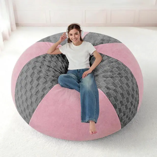 Alt view image 3 of 7 - 5FT Bean Bag Chair Teardrop Beanbag Chair with Memory Foam Filled Soft Checkboard Leaf alongside Plush Bean Bag Sofa with Removable Cover for Living Room,Bedroom-Checkboard Light Grey&Pink