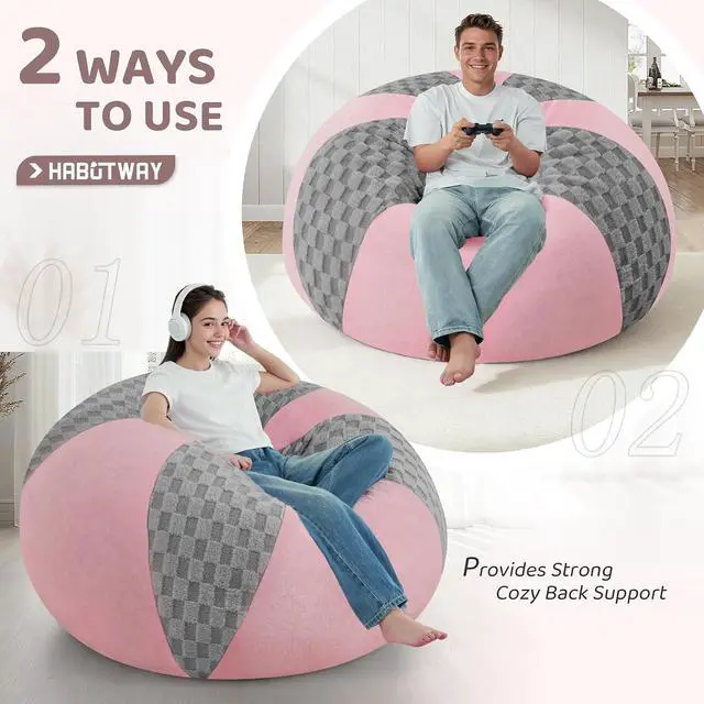 Alt view image 7 of 7 - 5FT Bean Bag Chair Teardrop Beanbag Chair with Memory Foam Filled Soft Checkboard Leaf alongside Plush Bean Bag Sofa with Removable Cover for Living Room,Bedroom-Checkboard Light Grey&Pink