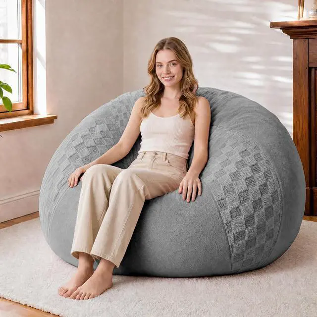 Main image of 4FT Bean Bag Chair Teardrop Beanbag Chair with Memory Foam Filled Soft Checkboard Leaf alongside Plush Bean Bag Sofa with Removable Cover for Living Room,Bedroom-Checkboard Light Grey