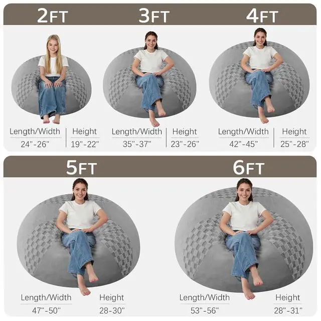 Alt view image 2 of 7 - 4FT Bean Bag Chair Teardrop Beanbag Chair with Memory Foam Filled Soft Checkboard Leaf alongside Plush Bean Bag Sofa with Removable Cover for Living Room,Bedroom-Checkboard Light Grey