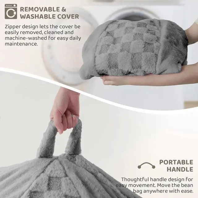 Alt view image 6 of 7 - 4FT Bean Bag Chair Teardrop Beanbag Chair with Memory Foam Filled Soft Checkboard Leaf alongside Plush Bean Bag Sofa with Removable Cover for Living Room,Bedroom-Checkboard Light Grey