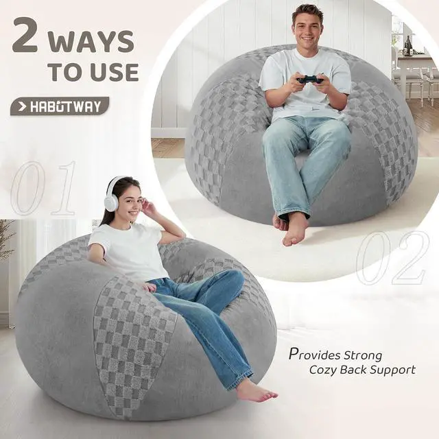 Alt view image 4 of 7 - 4FT Bean Bag Chair Teardrop Beanbag Chair with Memory Foam Filled Soft Checkboard Leaf alongside Plush Bean Bag Sofa with Removable Cover for Living Room,Bedroom-Checkboard Light Grey