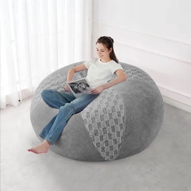 Alt view image 5 of 7 - 4FT Bean Bag Chair Teardrop Beanbag Chair with Memory Foam Filled Soft Checkboard Leaf alongside Plush Bean Bag Sofa with Removable Cover for Living Room,Bedroom-Checkboard Light Grey