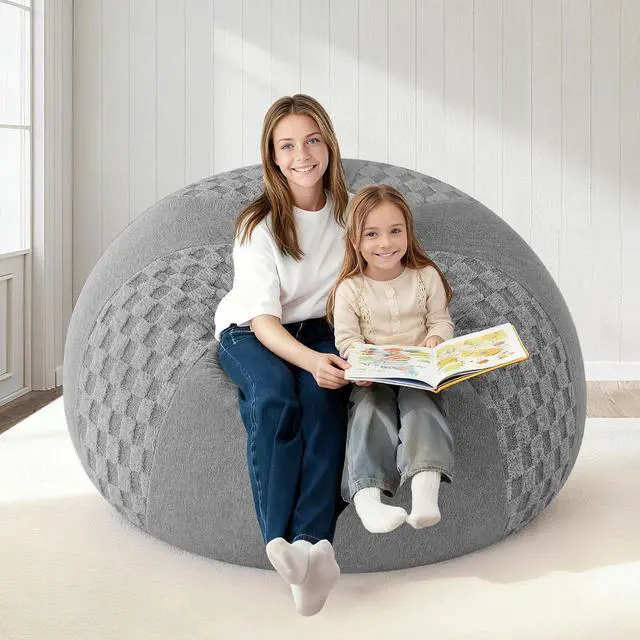 Alt view image 7 of 7 - 4FT Bean Bag Chair Teardrop Beanbag Chair with Memory Foam Filled Soft Checkboard Leaf alongside Plush Bean Bag Sofa with Removable Cover for Living Room,Bedroom-Checkboard Light Grey