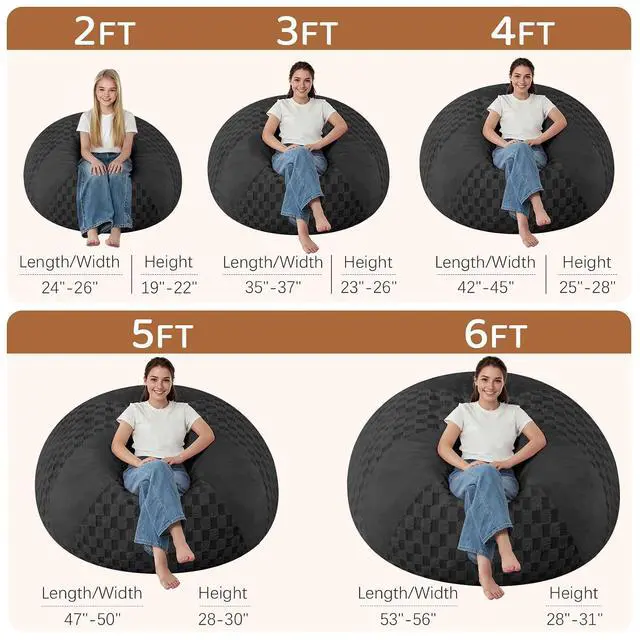 Alt view image 2 of 7 - 4FT Bean Bag Chair Teardrop Beanbag Chair with Memory Foam Filled Soft Plush Leaf alongside Checkboard Bean Bag Sofa with Removable Cover for Living Room,Bedroom-Plush Black