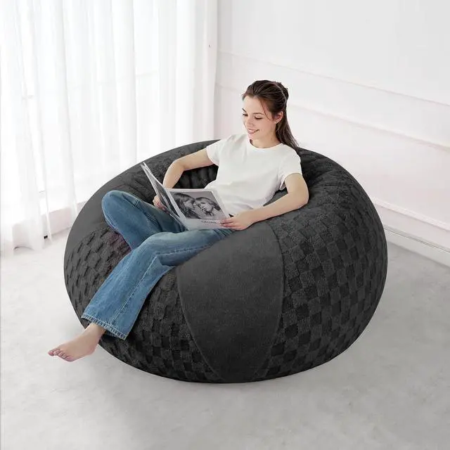 Alt view image 5 of 7 - 4FT Bean Bag Chair Teardrop Beanbag Chair with Memory Foam Filled Soft Plush Leaf alongside Checkboard Bean Bag Sofa with Removable Cover for Living Room,Bedroom-Plush Black