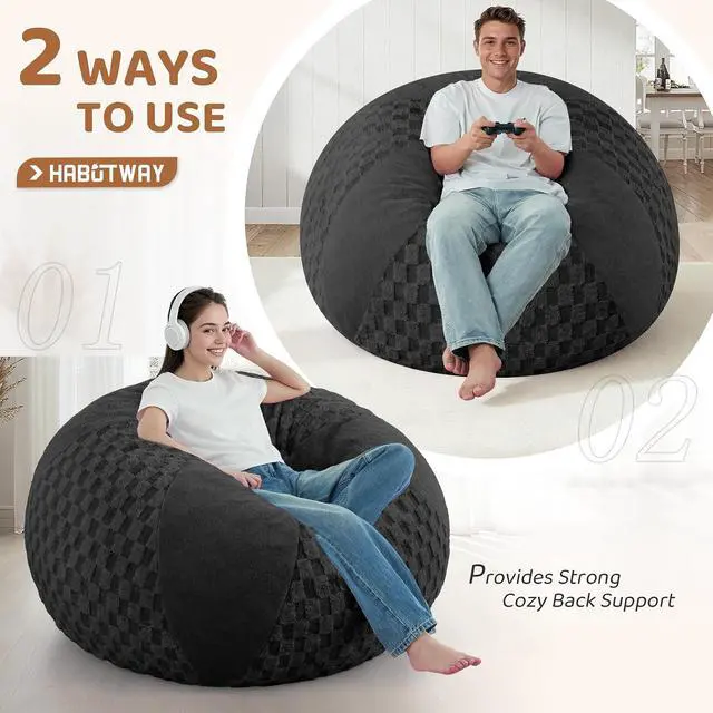 Alt view image 4 of 7 - 4FT Bean Bag Chair Teardrop Beanbag Chair with Memory Foam Filled Soft Plush Leaf alongside Checkboard Bean Bag Sofa with Removable Cover for Living Room,Bedroom-Plush Black
