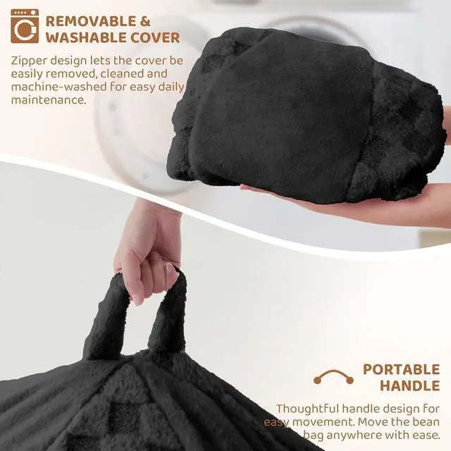 Alt view image 6 of 7 - 4FT Bean Bag Chair Teardrop Beanbag Chair with Memory Foam Filled Soft Plush Leaf alongside Checkboard Bean Bag Sofa with Removable Cover for Living Room,Bedroom-Plush Black