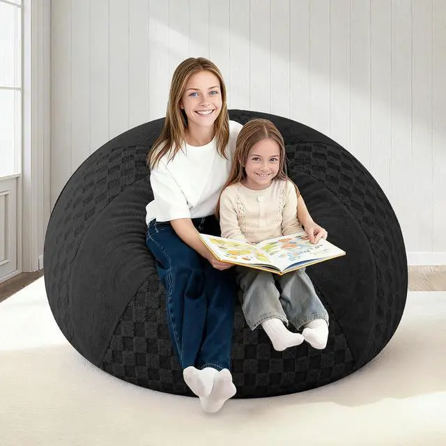 Alt view image 7 of 7 - 4FT Bean Bag Chair Teardrop Beanbag Chair with Memory Foam Filled Soft Plush Leaf alongside Checkboard Bean Bag Sofa with Removable Cover for Living Room,Bedroom-Plush Black