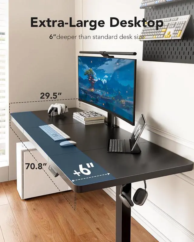 Alt view image 4 of 7 - 71x30 Inch Large Electric Standing Desk, Height Adjustable, Black | Spacious Gaming Electric Desk, 220lbs Carbon Steel Frame with <55dB Brushless Motor & 4 Height Presets. Ships in 2 Packages